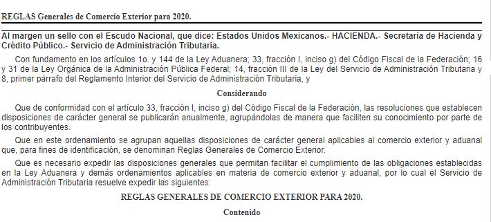 REGLAS Generales de Comercio Exterior para 2020.